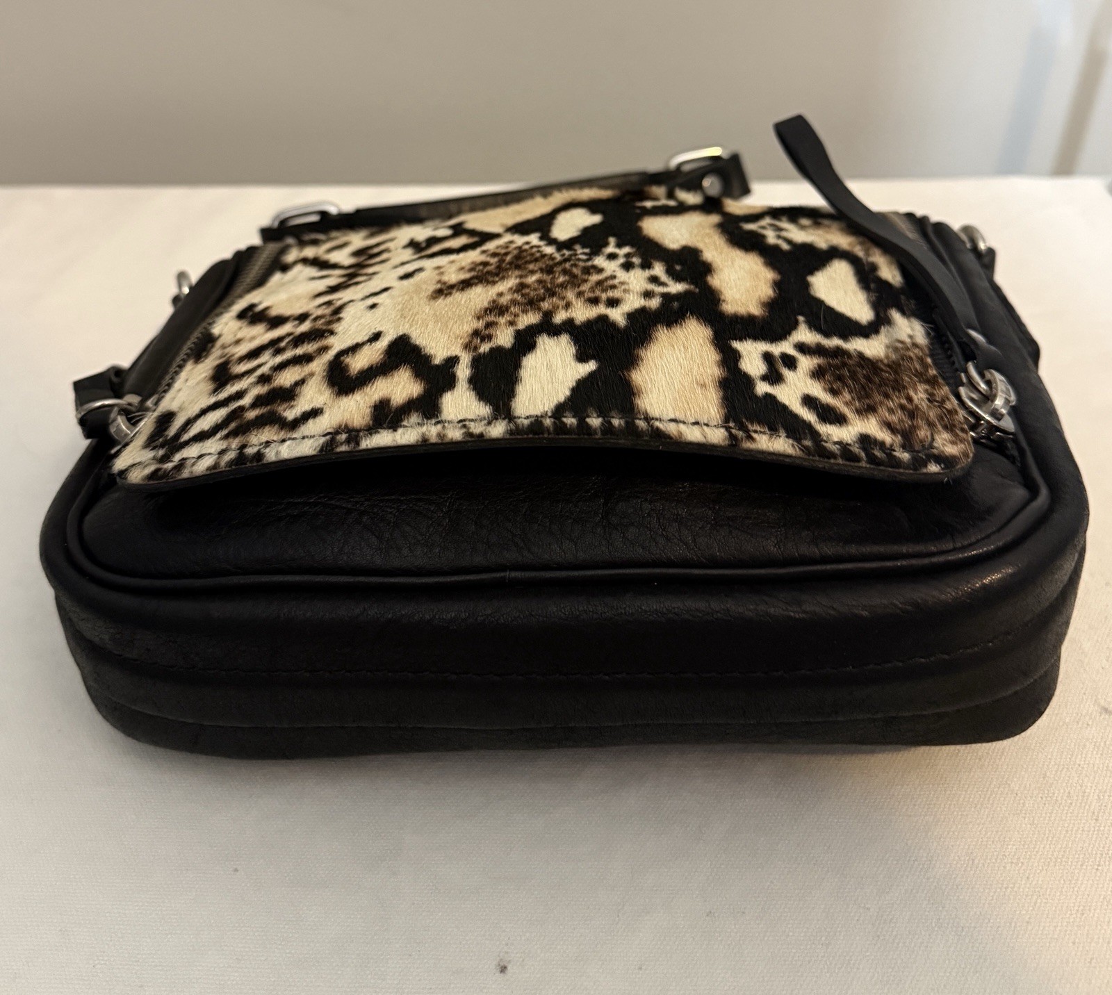 Zara Basic Leopard Print Shoulder Bag Leather Hair On Hide Black Cream image 8
