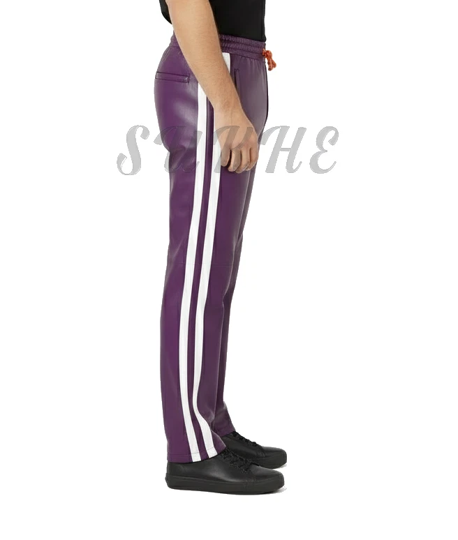 Purple With White Stripes Custom Made Genuine Leather Trouser Tracksuit Trousers