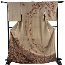 Japanese Silk Houmongi Kimono L 167cm Grayish brown Grass and flowers Snow wheel