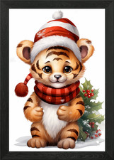 Merry Tiger Xmas Framed Wall Art Poster Canvas Print Picture