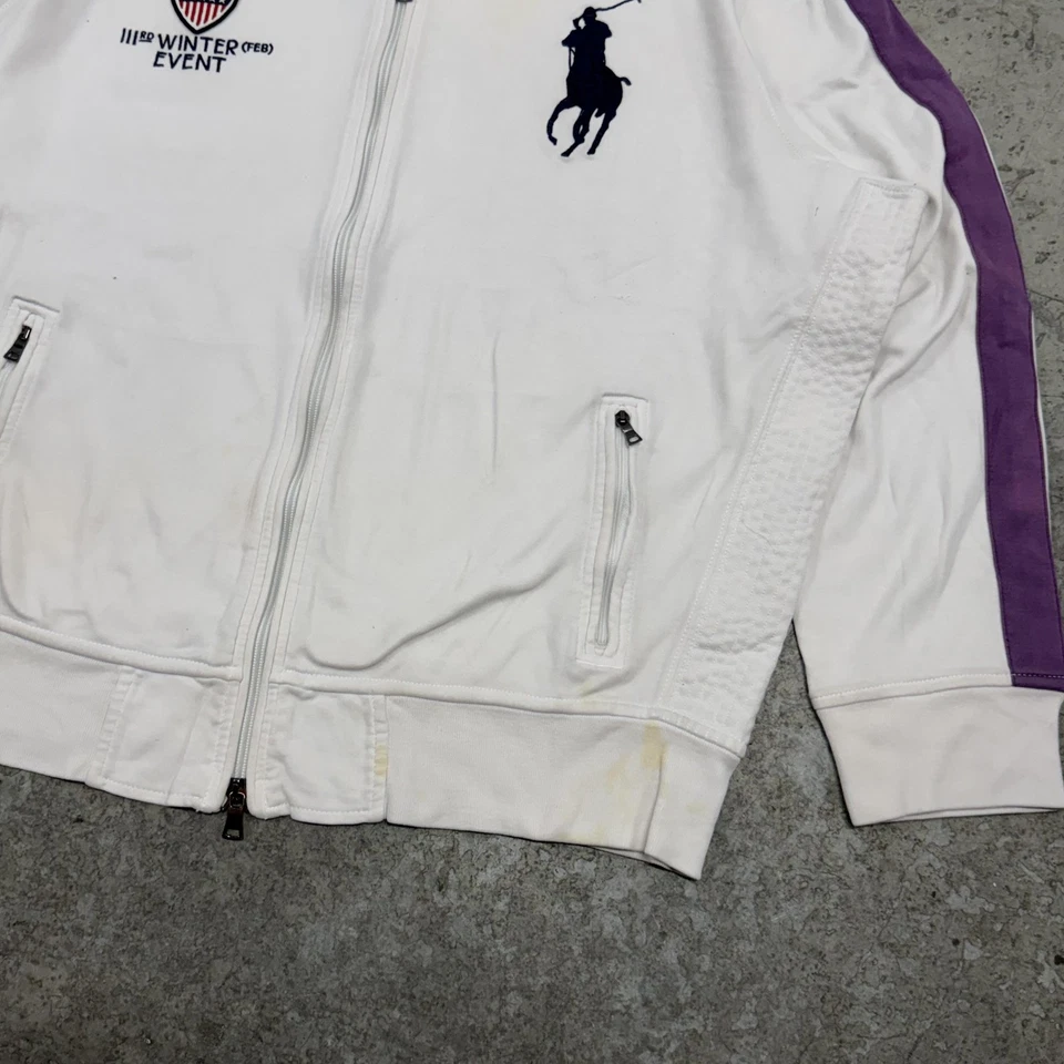Chaqueta deportiva vintage Polo Ralph Lauren para hombre X-grande blanca púrpura Big Pony cremallera Foto 3 de 4