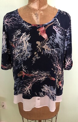 EMI & JOE WOMEN S TOP BLOUSE BIRDS SHORT ROLL-TAB SLEEVE STRETCHY SIZE XL