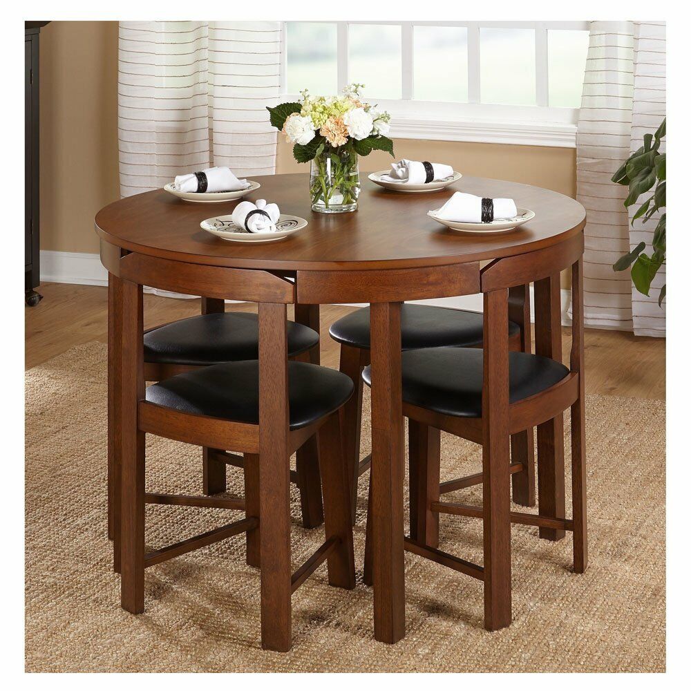 Compact Dining Set 5 Piece Round Walnut Kitchen Small Table Wood Space Saving