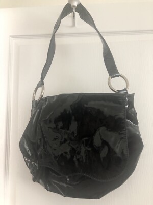 CHI by Carlos Falchi Glossy Black Patent Leather Shoulder Flap Bag With Piercing