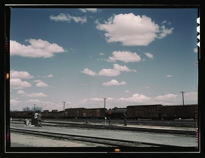 Atchison,Topeka,Santa Fe Railroad yards,tracks,trains,Belen,New Mexico,NM,1943