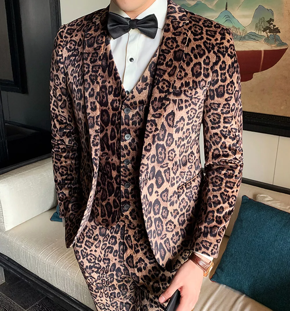 Mens Leopard Print Suit Velvet Wedding Dinner Formal Prom Dress Suits 3 Pieces