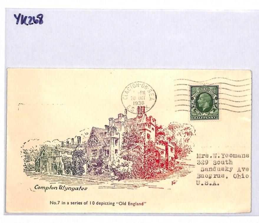 GB KGV Cover OLD ENGLAND Illustrated *COMPTON WYNYATES*(Warwicks) 1936 USA YK268 - Image 4 of 4