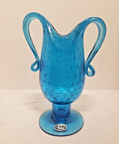 Vintage Bischoff Art Glass Hand Blown Blue Vase with 2 Handles 8 3/4" Tall