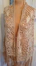 Vtg 1920's Cream Silk Braided Knotted Macrame Woven Ribbon Fringe Boho Shawl