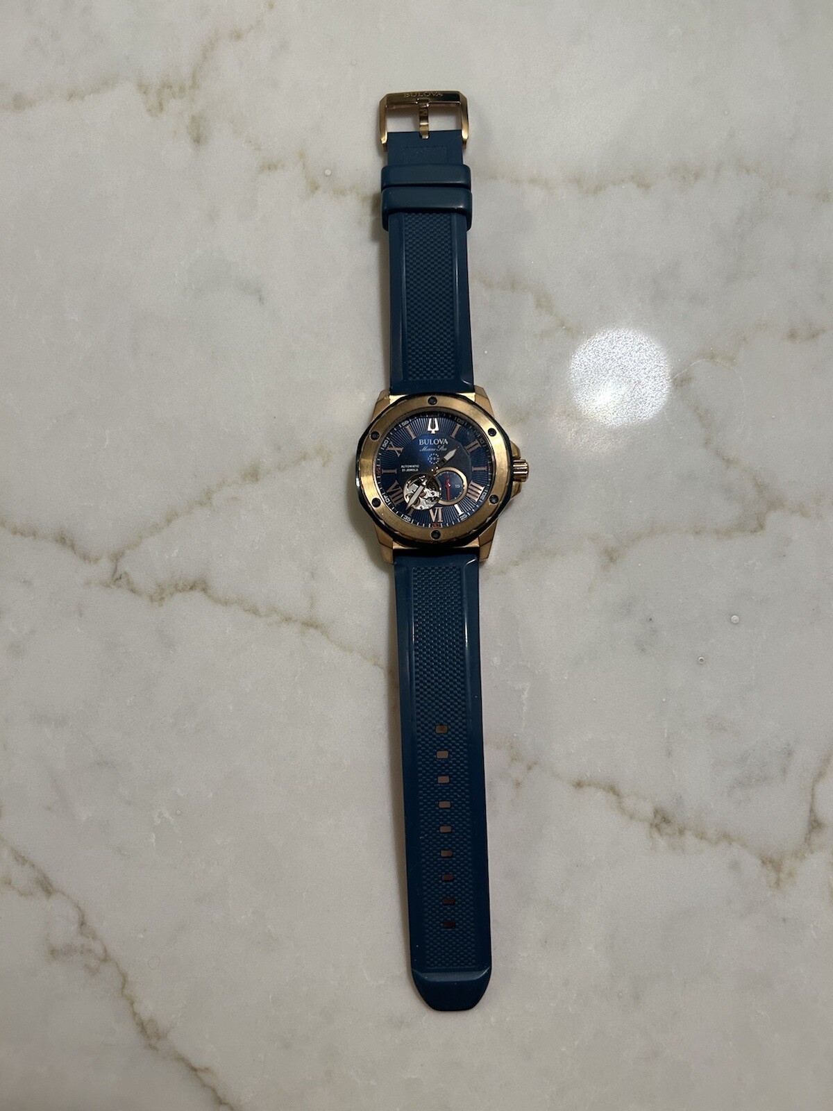 Bulova Mens Marine Star Watch In Rose Gold and Blue | 98A227 – Ann-Louise Jewellers