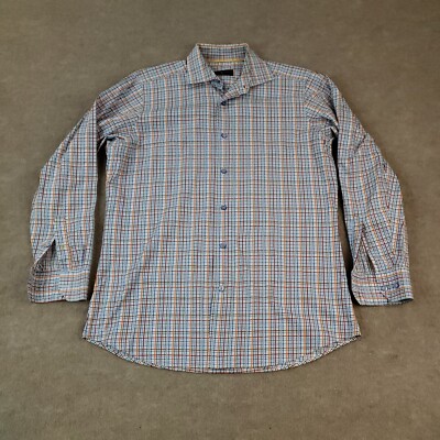 Robert Talbott Shirt Men Medium Blue Orange Plaid Long Sleeve
