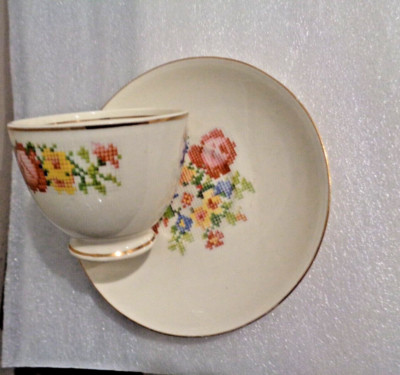 Heirloom 22K Gold Heirloom Petit Point Cup & Saucer Set by Cunningham & Pickett
