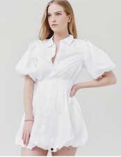 Mini Vestido Plisado Jonathan Simkhai Para Mujer Blanco Cleo Polín Manga Abullonada 2 Nuevo