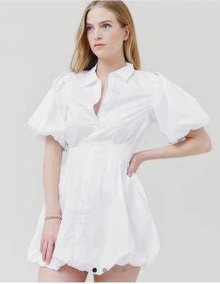 Jonathan Simkhai Women's White Cleo Polin Puff-Sleeve Pleated Mini Dress  2 New