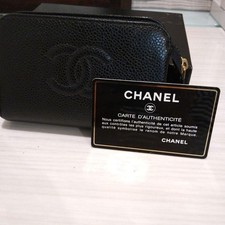 CHANEL Black Leather Pouch Coin Case Coco Mark Gold Hardware New