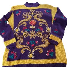 Vintage 90s Chunky Knit Colorful Sweater Purple Gold Embroidered Flowers