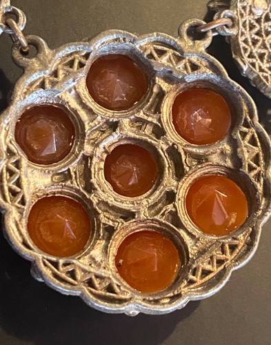 Antique Filigree Necklace Faceted Carnelian Glass/Stone Floral Gold Silver Tone - Picture 21 of 24