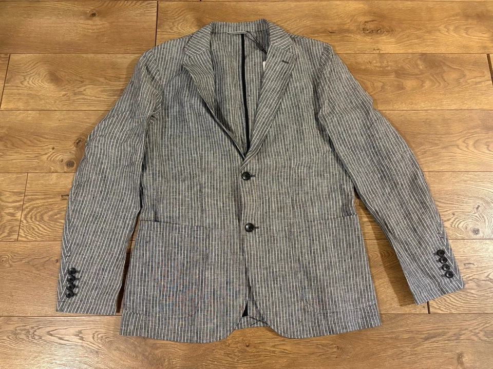 Conjunto de blazer y pantalones cortos de lino para hombre, rayas azul marino oscuro, talla grande, talla 34 corta, nuevo Foto 2 de 4