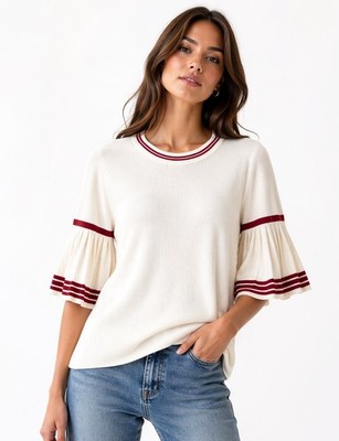 Maje White Knit Top Small Pleated Bell Sleeve Red Stripe Lightweight Sweater