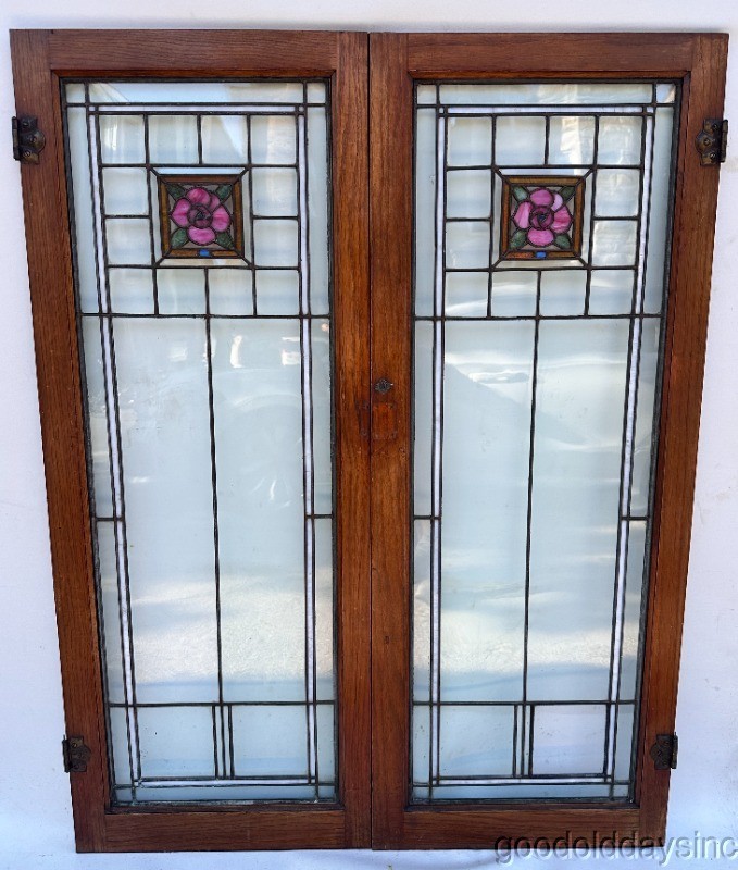 Pair Antique Chicago Stained Leaded Glass Windows Bookcase Cabinet Doors 49"x19"