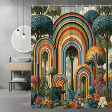 Rainbow Forest Shower Curtain, Colorful Trees and Floral Print