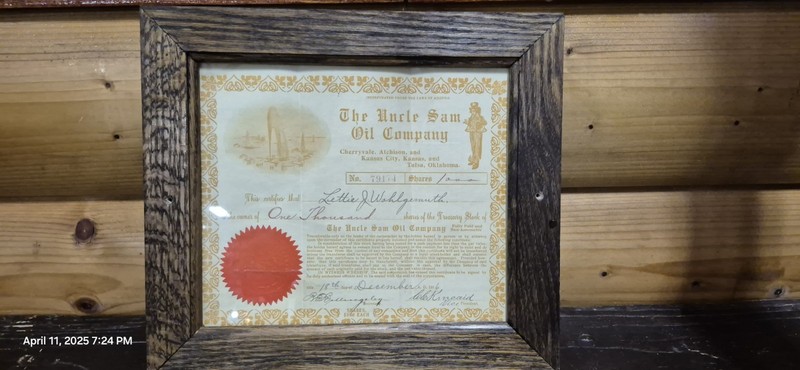 1916 Uncle Sam oil company framed stock certificate Cherryvale Atchison Kansas