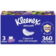 Kleenex Ultra Soft Facial Tissues, 3 Flat Boxes, 120 Tissues per Box, 3-Ply (360