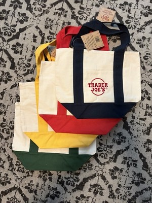 Trader Joe s Mini Canvas Tote Bag Set (4) Red Blue Yellow Green   New w/ Tags