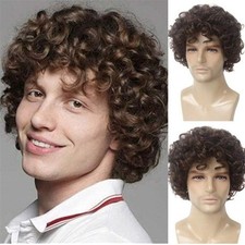 Brown Curly Short Wig for Male Guy Daily Hair Synthetic Mens Full Wigs
