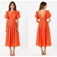 1980s VTG Coral Orange Jacquard Open Back Formal Midi Dress USA Made XS