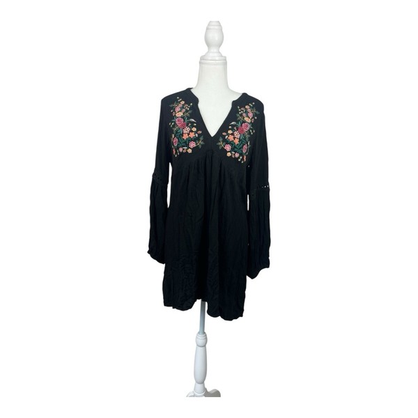 ALLY Black Floral Embroidered Babydoll Dress Sz M Gothic Cottage Indie #0782