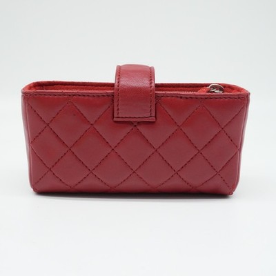 CHANEL 赤 レザー ケース Chanel Red Quilted Leather CC Phone Holder Pouch | eBay