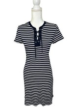 Chaps Shift Navy Blue & White Striped Lace Up Stretch Dress Women’s Size Large P