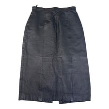 Vtg OTHELLO PELLE Retro Black Smooth Leather Midi Pencil Skirt Size 13/14