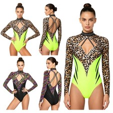 Women Bodysuit Open Back Dancewear Rhinestone Leotard Gymnastics Jumpsuit Dance