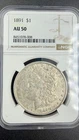 1891 P NGC AU50 Morgan Dollar SILVER $1 Coin