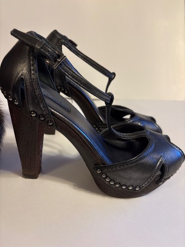 Prada Metallic Dark Grey Leather Studded T-Strap Platform Sandals Size 36.5 US 6 - Picture 3 of 19