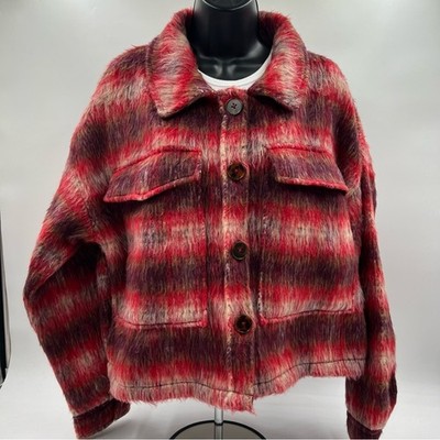 Vigoss brushed plaid thick fuzzy jacket size large. Red tan purple. NWT
