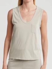JAMES PERSE WOMENS V-NECK SLEEVELESS COTTON TANK WITH POCKET, MINERAL BEIGE, NWT