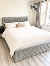 Grey Velvet Upholstered Double Ottoman Storage Bed Frame Lift-Up Tufted