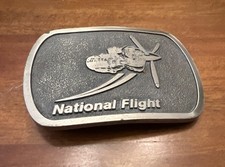 Vintage National Flight Silver Metal Belt Buckle Aircraft Engine Design Aviation
