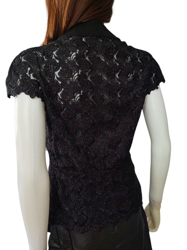 BeBe Crochet Encaje Cuello en V Snap Envoltura Peplem Gorra Manga Negro Informal Formal Top Med - Imagen 6 de 11