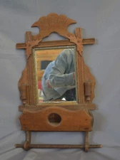 NICE ANTIQUE 19TH C VICTORIAN WALNUT SHAVING MIRROR W TRAY & CANDLE HOLDERS