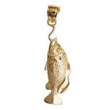 New 14k Yellow Gold 3D Bass Fish Pendant