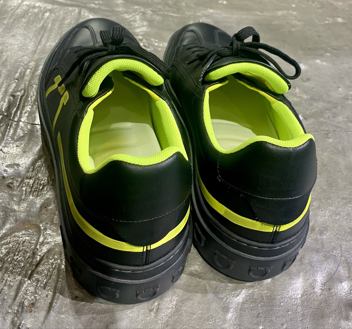 SALVATORE FERRAGAMO Black Leather Neon Green Borg Gancio