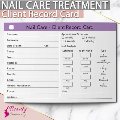 BEAUTY STATIONERY Nail Care Client Record Card Treatment Consultation Pedicure Manicure Salons A6