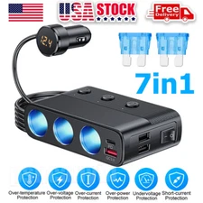 3-Way Car Cigarette Lighter Socket Splitter USB Fast Charger Power Adapter 12V