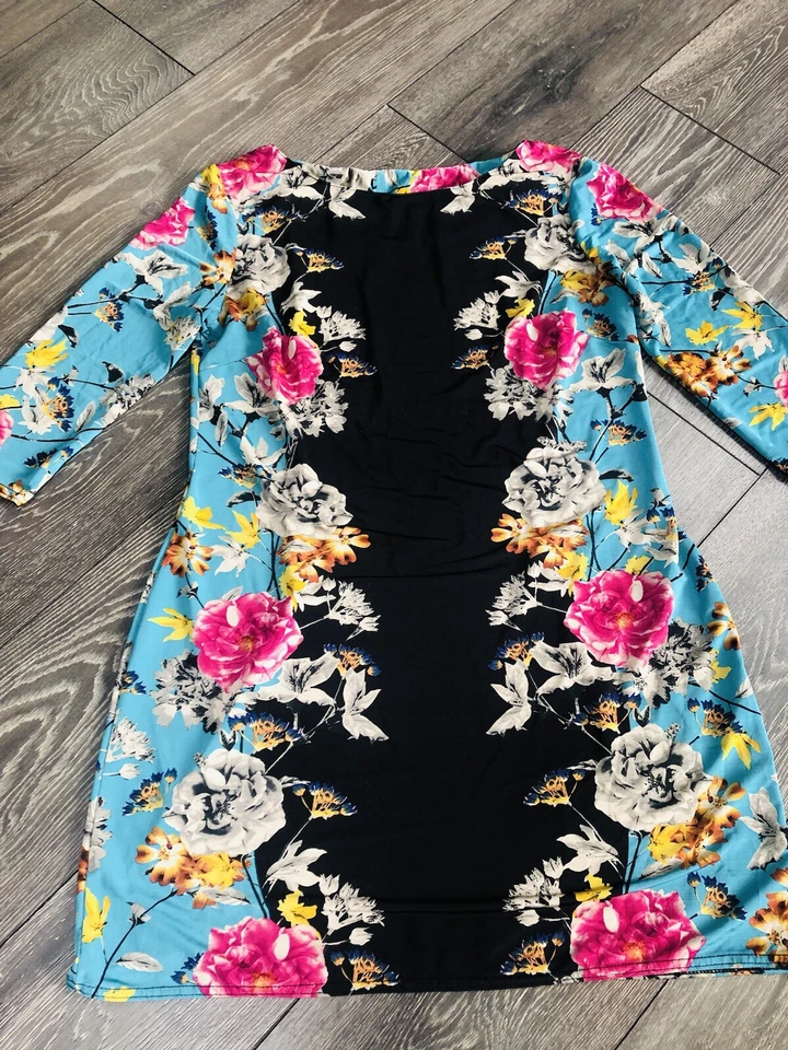 Stylish Black Colourful Floral Print Stretch Mini Dress 3/4 Sleeves 14-16 - Image 3 of 4