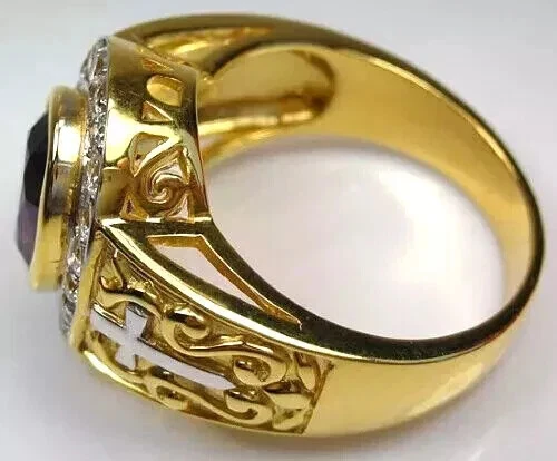 Anillo de halo de boda de amatista creada en laboratorio de corte ovalado de 3 quilates de oro amarillo de 14 quilates Foto 4 de 4