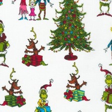 Dr.Suess, Grinch, Christmas Fabric-Cotton 1 yd BTY So Cute White/Multi Fast Ship